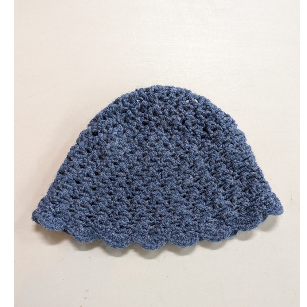 Womens Handmade Blue Crochet Bucket Hat OS Scalloped Brim Boho